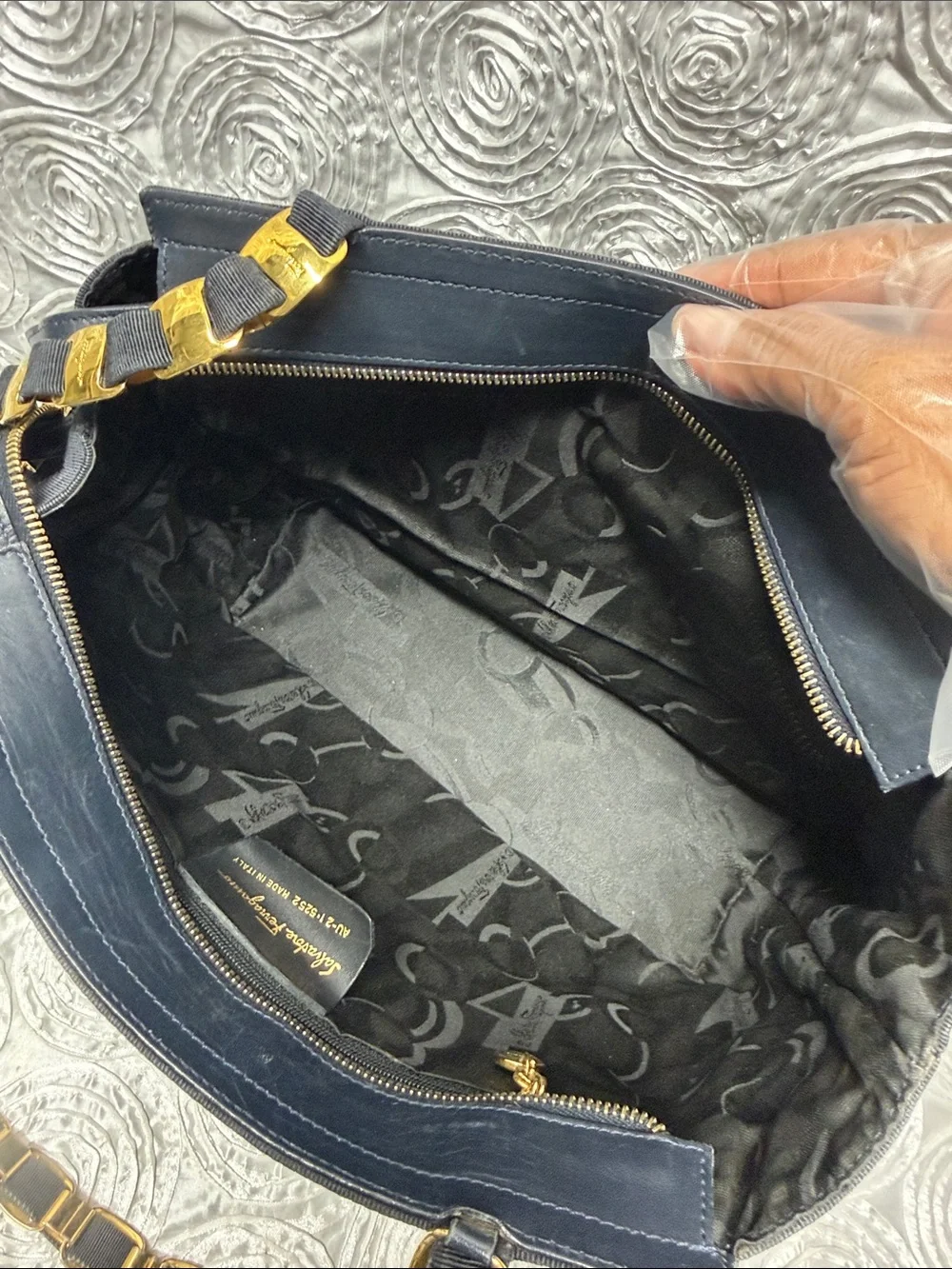 Salvatore Ferragamo Tiered Canvas & Leather Bag with Gold-tone Gancini Chain S